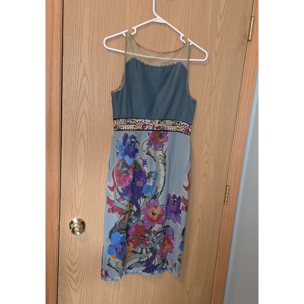 Anthropologie Floreat Silk Dress Womens Size 2 Blue With Floral Lined Skirt - Picture 2 of 9